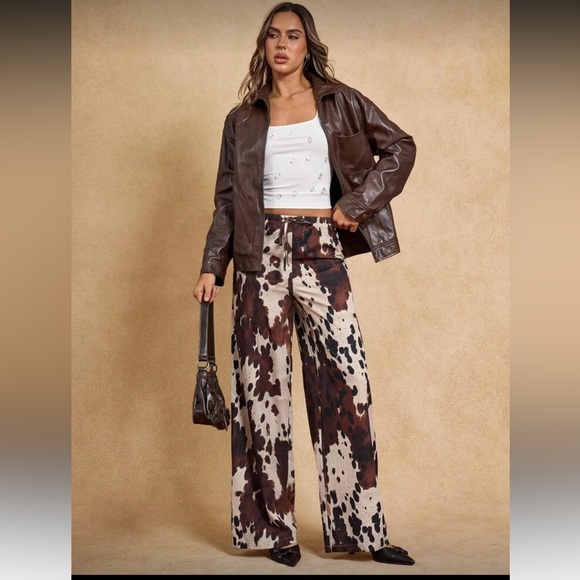 Pants - Wide-Leg Cow Print Pants - Brown & Cream